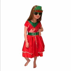 Girls Dress Red 6-6X Red Green Sequin W/glasses